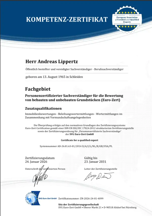 Kompetenz-Zertifikat: Andreas Lippertz, personenzertifizierter Sachverständiger für Immobilienbewertung (Euro-Zert)