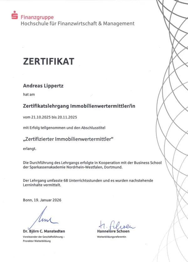 Zertifikat der Sparkassen-Finanzgruppe für Immobilienwertermittlung, ausgestellt auf Andreas Lippertz