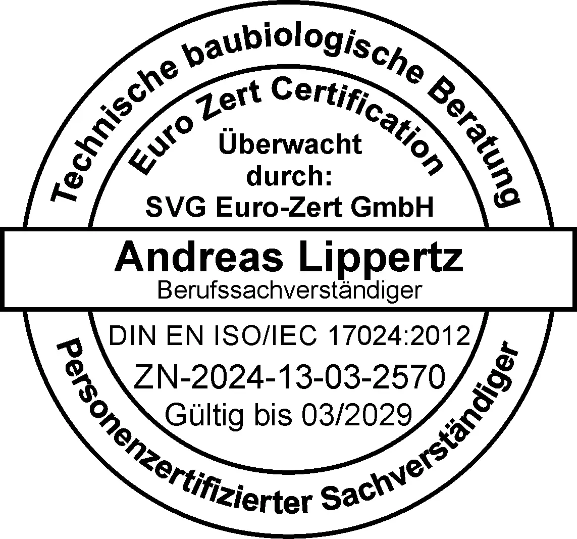Euro-Zert-Zertifikat Technische baubiologische Beratung: Andreas Lippertz, personenzertifizierter Berufssachverständiger nach DIN EN ISO/IEC 17024, gültig bis 03/2029