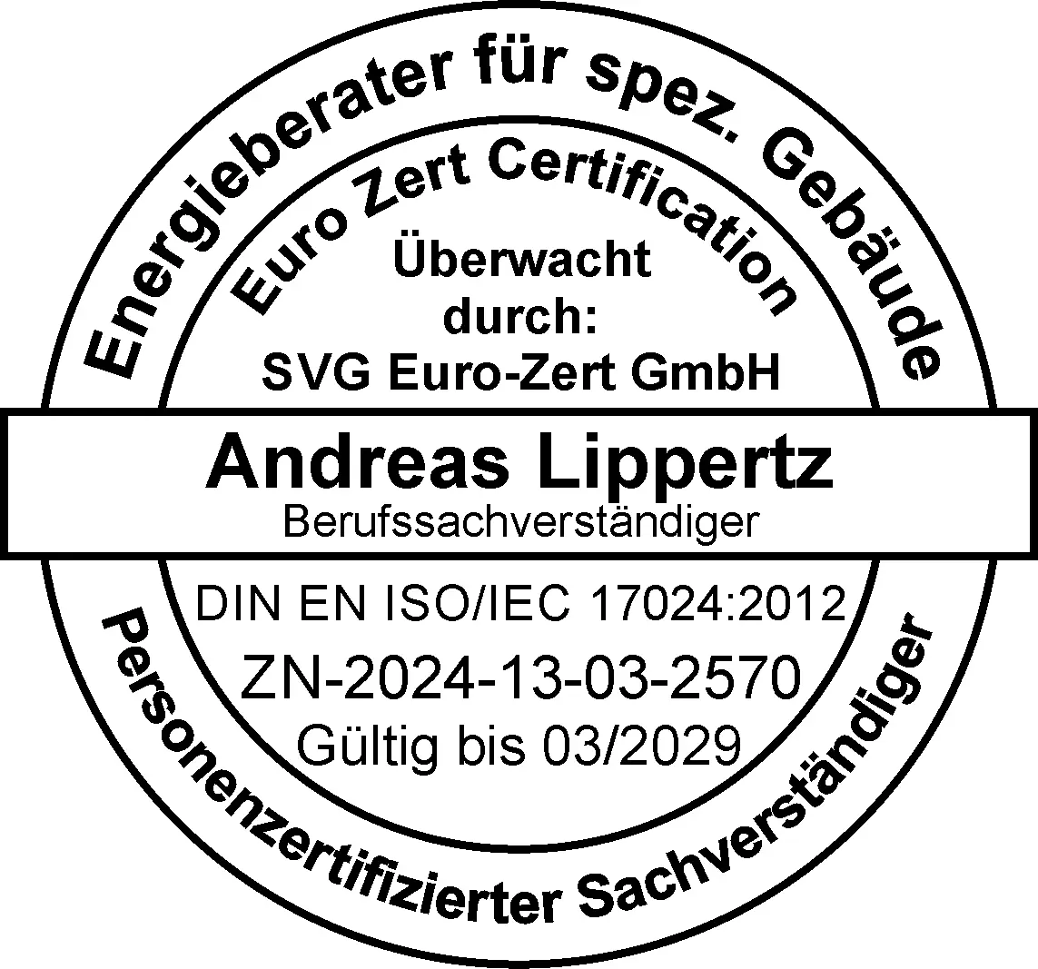 Euro-Zert-Zertifikat Energieberater für Spezialgebäude: Andreas Lippertz, personenzertifizierter Berufssachverständiger nach DIN EN ISO/IEC 17024, gültig bis 03/2029