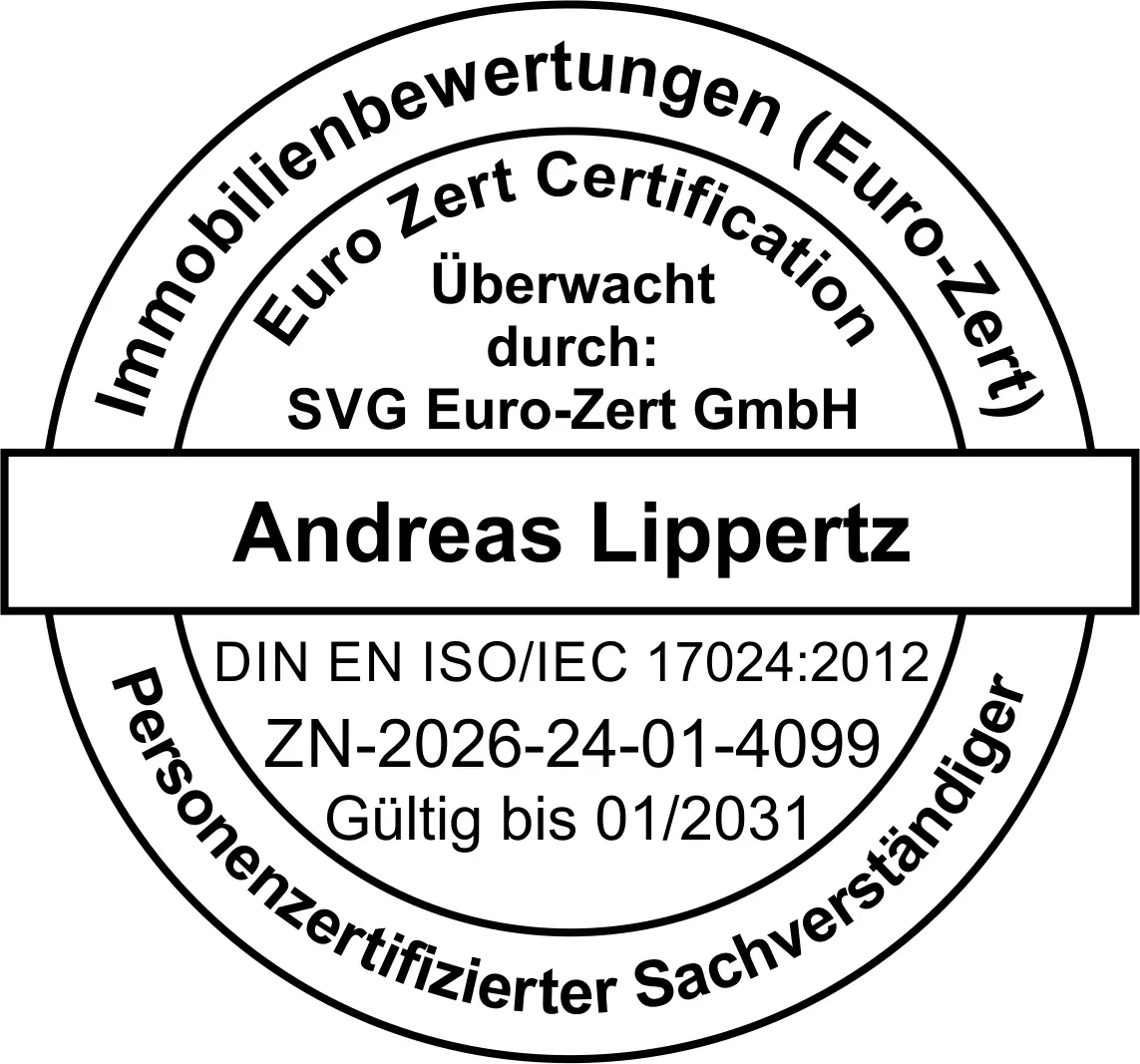 Euro-Zert-Zertifikat Immobilienbewertungen: Andreas Lippertz, personenzertifizierter Sachverständiger nach DIN EN ISO/IEC 17024, gültig bis 01/2031