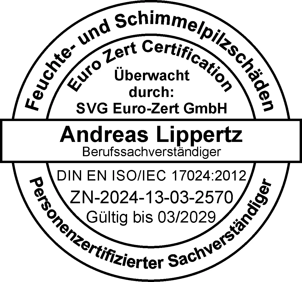 Euro-Zert-Zertifikat Feuchte- und Schimmelpilzschäden: Andreas Lippertz, personenzertifizierter Berufssachverständiger nach DIN EN ISO/IEC 17024, gültig bis 03/2029