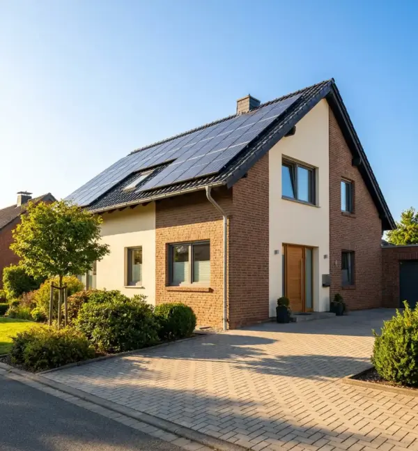 Typisches deutsches Wohnhaus mit Photovoltaikanlage auf dem Dach bei blauem Himmel